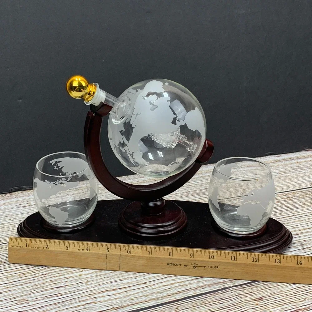 Globe Decanter Set Ship Inside 2 Etched World Map‎ Glasses Wooden Base